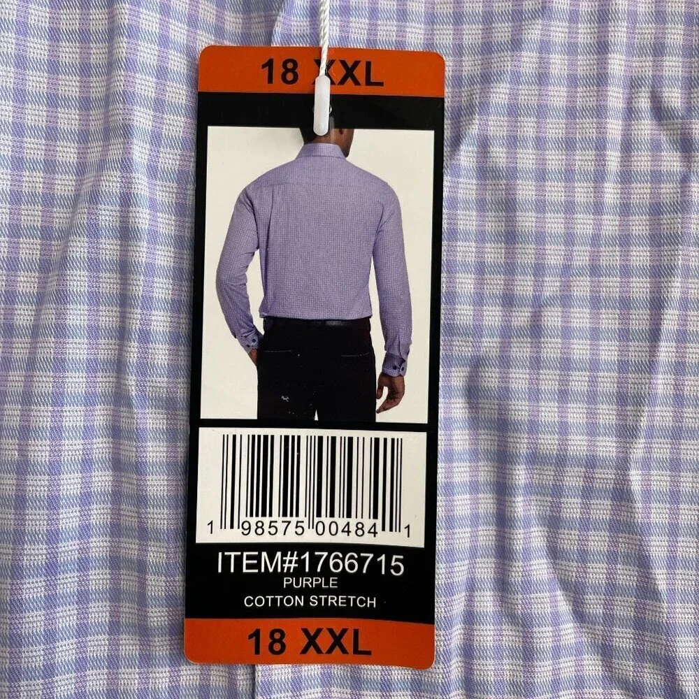 NEW Duchamp Men's 18 XXL Purple Checkered Dress Shirt Cotton Stretch Long Sleeve